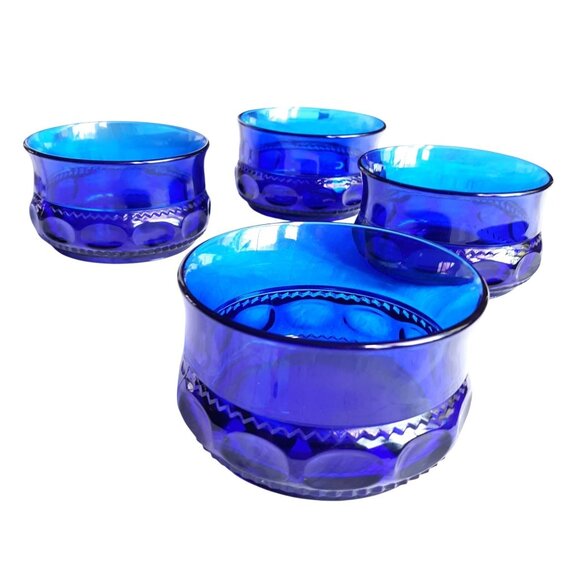 4 Indiana Glass thumbprint King's Crown Bowls Sherbet Cobalt Blue. - Picture 1 of 6